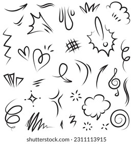 Vector set of hand-drawn cartoony expression sign doodle, curve directional arrows, emoticon effects design elements, cartoon character emotion symbols, cute decorative brush stroke lines.