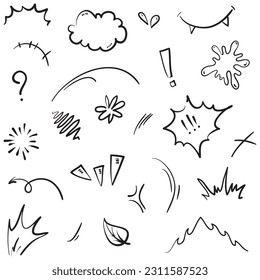 Vector set of hand-drawn cartoony expression sign doodle, curve directional arrows, emoticon effects design elements, cartoon character emotion symbols, cute decorative brush stroke lines.