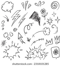 Vector set of hand-drawn cartoony expression sign doodle, curve directional arrows, emoticon effects design elements, cartoon character emotion symbols, cute decorative brush stroke lines.