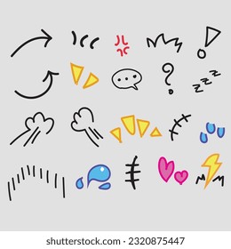 Vector set of hand-drawn cartoony expression sign doodle, curve directional arrows, emoticon effects design elements, cartoon character emotion symbols, cute decorative brush stroke lines.