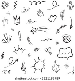 Vector set of hand-drawn cartoony expression sign doodle, curve directional arrows, emoticon effects design elements, cartoon character emotion symbols, cute decorative brush stroke lines.