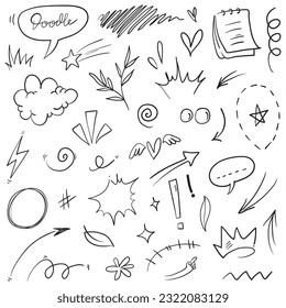 Vector set of hand-drawn cartoony expression sign doodle, curve directional arrows, emoticon effects design elements, cartoon character emotion symbols, cute decorative brush stroke lines.