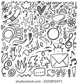 Conjunto vectorial de símbolo de señalización de expresión de caricatura dibujado a mano, flechas direccionales de curva, elementos de diseño de efectos emoticonos, símbolos de emoción de personajes de dibujos animados, lindas líneas de trazo de pincel decorativo.