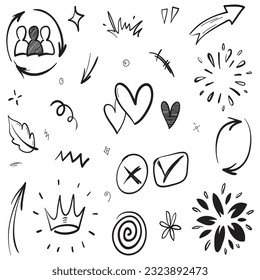 Image vectorielle ensemble de signes d'expression dessinée à la main doodle, flèches de direction de courbe, effets émotionnels éléments de conception, symboles d'émotion de personnage de dessin animé, lignes de traits de brosse décoratifs mignons.