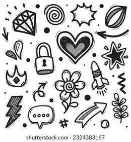Image vectorielle ensemble de signes d'expression dessinée à la main doodle, flèches de direction de courbe, effets émotionnels éléments de conception, symboles d'émotion de personnage de dessin animé, lignes de traits de brosse décoratifs mignons.