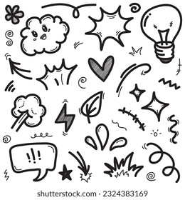Image vectorielle ensemble de signes d'expression dessinée à la main doodle, flèches de direction de courbe, effets émotionnels éléments de conception, symboles d'émotion de personnage de dessin animé, lignes de traits de brosse décoratifs mignons.