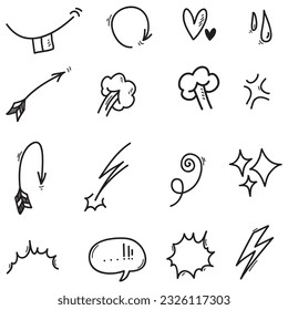 Image vectorielle ensemble de signes d'expression dessinée à la main doodle, flèches de direction de courbe, effets émotionnels éléments de conception, symboles d'émotion de personnage de dessin animé, lignes de traits de brosse décoratifs mignons.