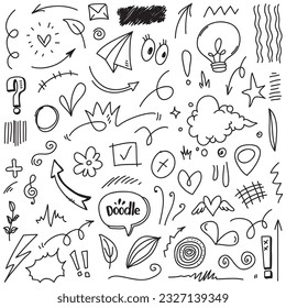 Vector set of hand-drawn cartoony expression sign doodle, curve directional arrows, emoticon effects design elements, cartoon character emotion symbols, cute decorative brush stroke lines.