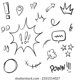 Image vectorielle ensemble de signes d'expression dessinée à la main doodle, flèches de direction de courbe, effets émotionnels éléments de conception, symboles d'émotion de personnage de dessin animé, lignes de traits de brosse décoratifs mignons.