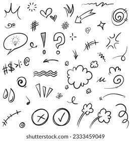 Vector set of hand-drawn cartoony expression sign doodle, curve directional arrows, emoticon effects design elements, cartoon character emotion symbols, cute decorative brush stroke lines.