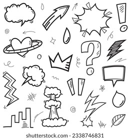 Vector set of hand-drawn cartoony expression sign doodle, curve directional arrows, emoticon effects design elements, cartoon character emotion symbols, cute decorative brush stroke lines.