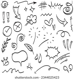 Vector set of hand-drawn cartoony expression sign doodle, curve directional arrows, emoticon effects design elements, cartoon character emotion symbols, cute decorative brush stroke lines.