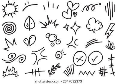 Vector set of hand-drawn cartoony expression sign doodle, curve directional arrows, emoticon effects design elements, cartoon character emotion symbols, cute decorative brush stroke lines.