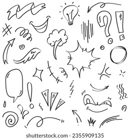 Vector set of hand-drawn cartoony expression sign doodle, curve directional arrows, emoticon effects design elements, cartoon character emotion symbols, cute decorative brush stroke lines.