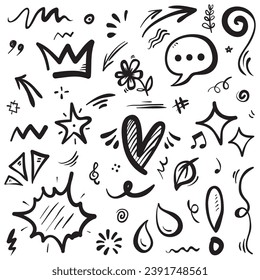 Vector set of hand-drawn cartoony expression sign doodle, curve directional arrows, emoticon effects design elements, cartoon character emotion symbols, cute decorative brush stroke lines.