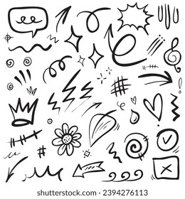 Vector set of hand-drawn cartoony expression sign doodle, curve directional arrows, emoticon effects design elements, cartoon character emotion symbols, cute decorative brush stroke lines.