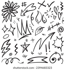 Vector set of hand-drawn cartoony expression sign doodle, curve directional arrows, emoticon effects design elements, cartoon character emotion symbols, cute decorative brush stroke lines.