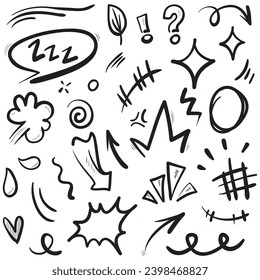 Vector set of hand-drawn cartoony expression sign doodle, curve directional arrows, emoticon effects design elements, cartoon character emotion symbols, cute decorative brush stroke lines.