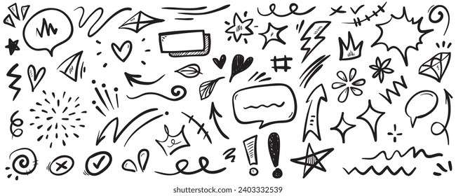 Vector set of hand-drawn cartoony expression sign doodle, curve directional arrows, emoticon effects design elements, cartoon character emotion symbol