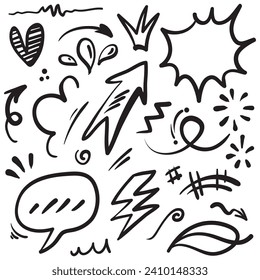 Vektorset von handgezeichneten Karikaturen-Ausdrucksschild doodle, Kurvenlinienpfeile, Design-Elemente für Emotionseffekte, Emotionssymbole von Cartoons, süße dekorative Pinselstriche.