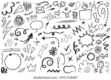 Vector set of hand-drawn cartoony expression sign doodle, curve directional arrows, emoticon effects design elements, cartoon character emotion symbols, cute decorative brush stroke lines.