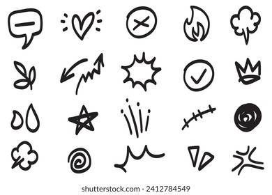 Vector set of hand-drawn cartoony expression sign doodle, curve directional arrows, emoticon effects design elements, cartoon character emotion symbols, cute decorative brush stroke lines.