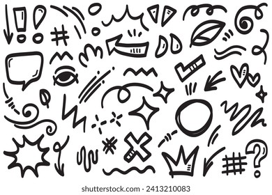 Vector set of hand-drawn cartoony expression sign doodle, curve directional arrows, emoticon effects design elements, cartoon character emotion symbols, cute decorative brush stroke lines.