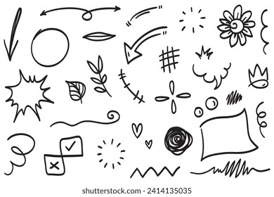 Vector set of hand-drawn cartoony expression sign doodle, curve directional arrows, emoticon effects design elements, cartoon character emotion symbols, cute decorative brush stroke lines.