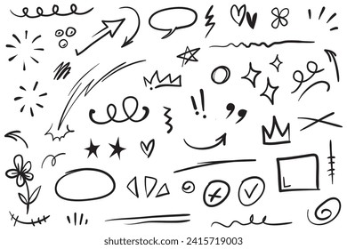 Vector set of hand-drawn cartoony expression sign doodle, curve directional arrows, emoticon effects design elements, cartoon character emotion symbols, cute decorative brush stroke lines.