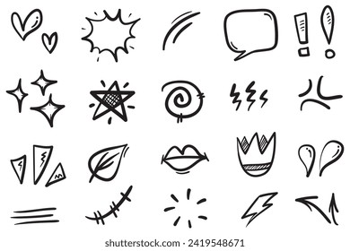 Vector set of hand-drawn cartoony expression sign doodle, curve directional arrows, emoticon effects design elements, cartoon character emotion symbols, cute decorative brush stroke lines.