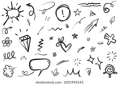 Vector set of hand-drawn cartoony expression sign doodle, curve directional arrows, emoticon effects design elements, cartoon character emotion symbols, cute decorative brush stroke lines.