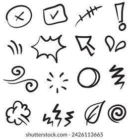 Vektor-Set von handgezeichneten Cartoon-Ausdruck Zeichen Doodle, Kurve Richtungspfeile, Emoticon-Effekte Design-Elemente, Cartoon Charakter Emotion-Symbole, niedliche dekorative Pinsel Strich Linien.