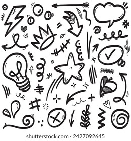 Vector set of hand-drawn cartoony expression sign doodle, curve directional arrows, emoticon effects design elements, cartoon character emotion symbols, cute decorative brush stroke lines.