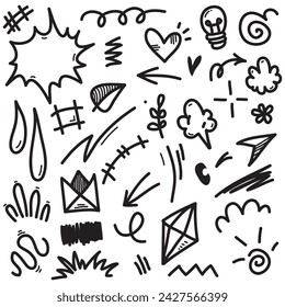 Vector set of hand-drawn cartoony expression sign doodle, curve directional arrows, emoticon effects design elements, cartoon character emotion symbols, cute decorative brush stroke lines.