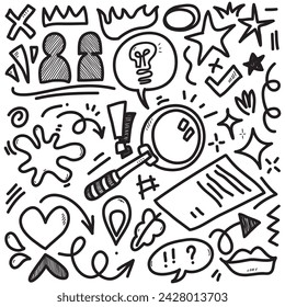 Vector set of hand-drawn cartoony expression sign doodle, curve directional arrows, emoticon effects design elements, cartoon character emotion symbols, cute decorative brush stroke lines.