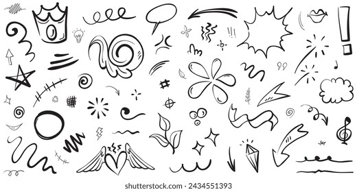 Vector set of hand-drawn cartoony expression sign doodle, curve directional arrows, emoticon effects design elements, cartoon character emotion symbols, cute decorative brush stroke lines.