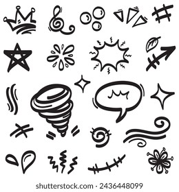 Vector set of hand-drawn cartoony expression sign doodle, curve directional arrows, emoticon effects design elements, cartoon character emotion symbols, cute decorative brush stroke lines.
