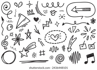 Vektor-Set von handgezeichneten Cartoon-Ausdruck Zeichen Doodle, Kurve Richtungspfeile, Emoticon-Effekte Design-Elemente, Cartoon Charakter Emotion-Symbole, niedliche dekorative Pinsel Strich Linien.