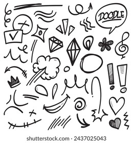 Vector set of hand-drawn cartoony expression sign doodle, curve directional arrows, emoticon effects design elements, cartoon character emotion symbols, cute decorative brush stroke lines.