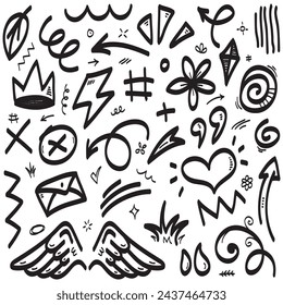 Vector set of hand-drawn cartoony expression sign doodle, curve directional arrows, emoticon effects design elements, cartoon character emotion symbols, cute decorative brush stroke lines.