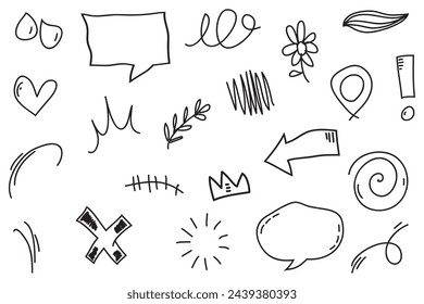 Vector set of hand-drawn cartoony expression sign doodle, curve directional arrows, emoticon effects design elements, cartoon character emotion symbols, cute decorative brush stroke lines.