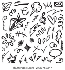 Vector set of hand-drawn cartoony expression sign doodle, curve directional arrows, emoticon effects design elements, cartoon character emotion symbols, cute decorative brush stroke lines.