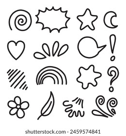Vector set of hand-drawn cartoony expression sign doodle, emoticon effects design elements, cartoon character emotion symbols, cute decorative brush stroke lines.