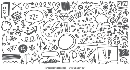 Vector set of hand-drawn cartoony expression sign doodle, curve directional arrows, emoticon effects design elements, cartoon character emotion symbols, cute decorative brush stroke lines.