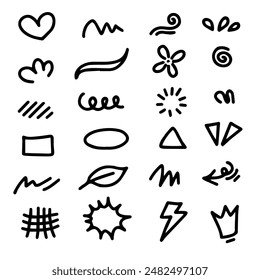 Vector set of hand-drawn cartoony expression sign doodle, emoticon effects design elements, cartoon character emotion symbols, cute decorative brush stroke lines.