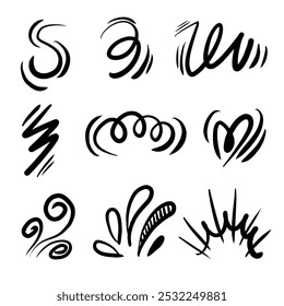 Vector set of hand-drawn cartoony expression sign doodle, emoticon effects design elements, cartoon character emotion symbols, cute decorative brush stroke lines.