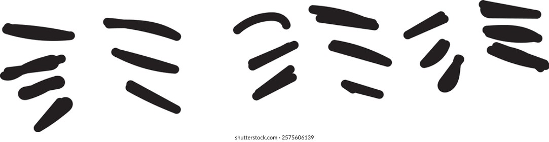 Vector set of hand-drawn cartoony expression sign doodle, curve directional arrows, emoticon effects design elements, cartoon character emotion symbols, cute decorative brush stroke lines.