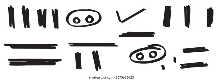 Vector set of hand-drawn cartoony expression sign doodle, curve directional arrows, emoticon effects design elements, cartoon character emotion symbols, cute decorative brush stroke lines.