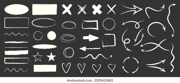 Vector set of hand-drawn chalk elements. Doodle arrows, circles, rectangles, stars. Grunge chalk crayon scribbles. Vector illustration.