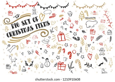 Vector set of hand-drawn Christmas elements. Set of Ornamental Christmas Style Elements. Spruce branches, boots, snowflakes, hearts, snow and Christmas letters.
